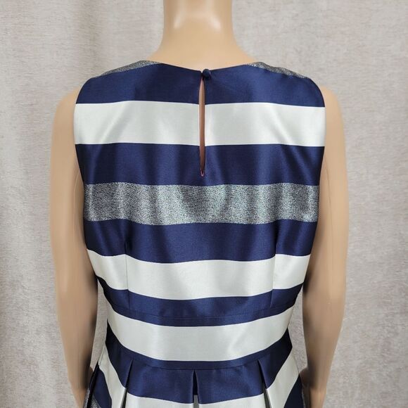 Eliza J Striped Crepe Fit & Flare Party Dress  Navy White Metallic Silver Pocket - Picture 6 of 13